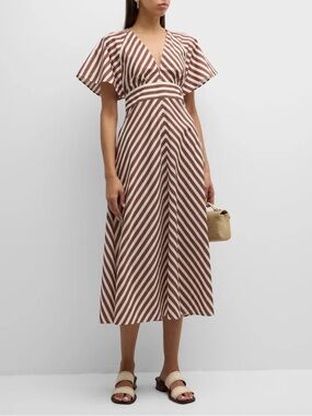 Oroton Brown and Cream Diagonal Stripe V-Neck Midi Dress (US 8/ AU 12)